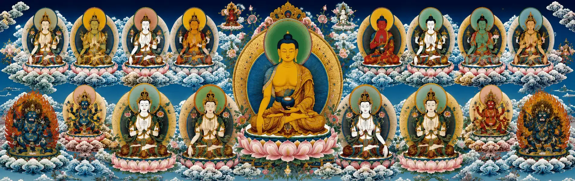 Buddhist Gods Guide | Buddhas, Bodhisattvas and Protectors in the Buddhist Pantheon Image featuring Buddhas, Bodhisattvas, wrathful protectors and celestial deities arranged in a traditional Tibetan Buddhist pantheon surrounded by lotus flowers and sacred clouds