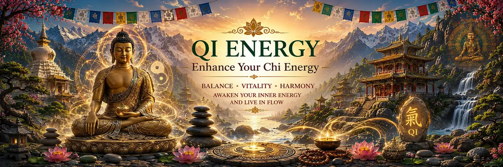 Enhance Qi Energy with Feng Shui Buddha Statues Shakyamuni Buddha statue surrounded by flowing qi energy, Himalayan temples, waterfalls, lotus flowers, and spiritual symbols representing harmony, vitality, and chi energy (desktop banner)
