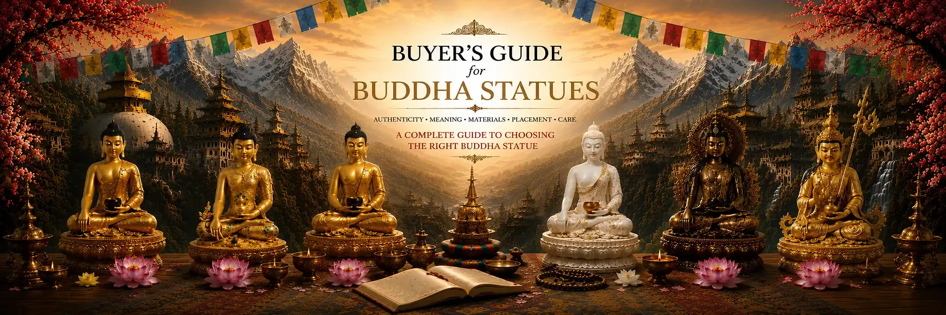 Buddha Statue Buyer's Guide – How to Choose an Authentic Buddha Statue Buddha Statue Buyer's Guide banner featuring authentic Shakyamuni, Medicine Buddha, Amitabha and Guru Rinpoche statues in a Himalayan Buddhist temple landscape