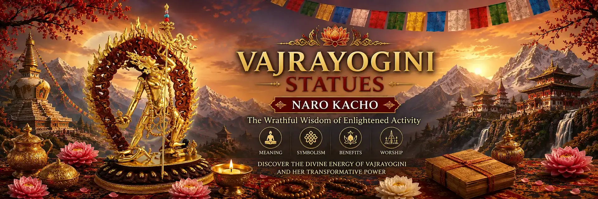 Vajrayogini Statues – Naro Kacho, The Wrathful Wisdom of Enlightened Activity Golden Vajrayogini Naro Kacho statue surrounded by Himalayan temples, prayer flags, lotus flowers, and sacred offerings, representing the wrathful wisdom and transformative power of Vajrayogini in Tibetan Buddhism.