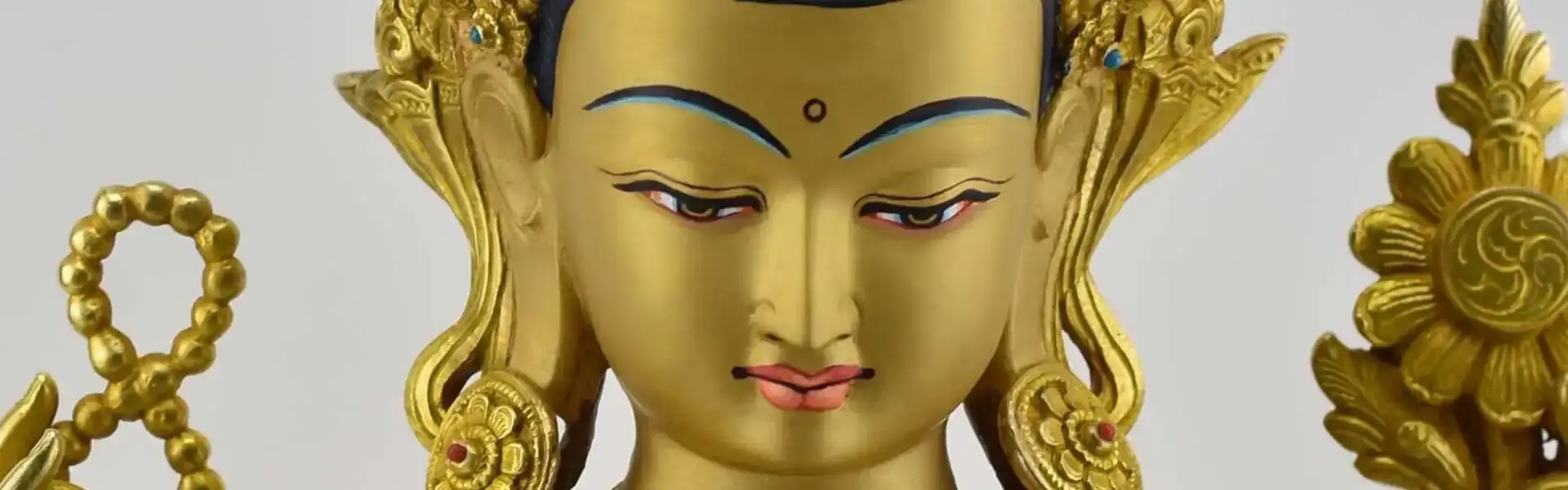14" Chenrezig Statue | 24K Gold Gilded | Mala Beads | Cintamani Jewel | Authentic Nepal 14" Tibetan Avalokiteshvara (Chenrezig) statue, 24K gold gilded, Gold Face Painted, Floating Mala beads, Cintamani "Wish Fulfilling Jewel", lost wax cast, handmade in Patan Nepal by traditional Shakya craftsman