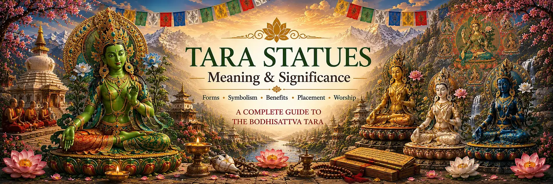 Tara Statues Meaning & Significance – Green Tara, White Tara and the Bodhisattva Tara Green Tara and White Tara statues displayed within a Himalayan Buddhist landscape featuring temples, mountains, lotus flowers, and sacred Tibetan Buddhist symbolism