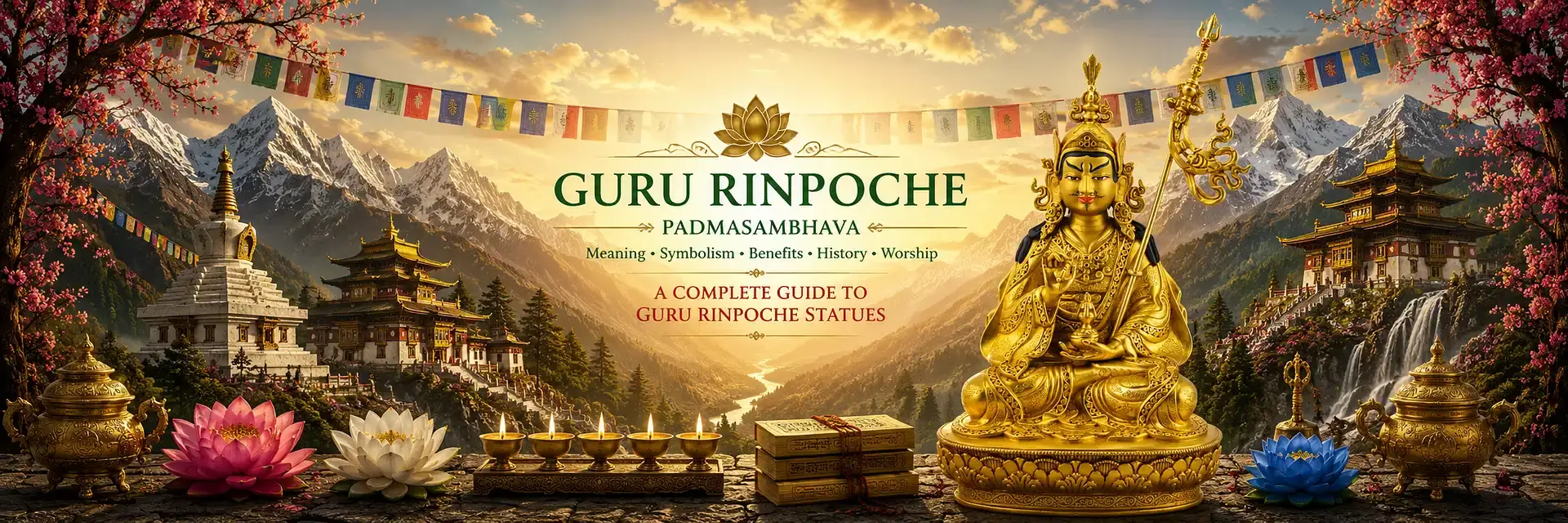 Guru Rinpoche Statues | Padmasambhava Meaning, Symbolism & Benefits Banner image featuring Guru Rinpoche (Padmasambhava) seated on a lotus throne holding a vajra and longevity vase, surrounded by Himalayan temples, waterfalls, prayer flags and sacred Tibetan Buddhist symbolism