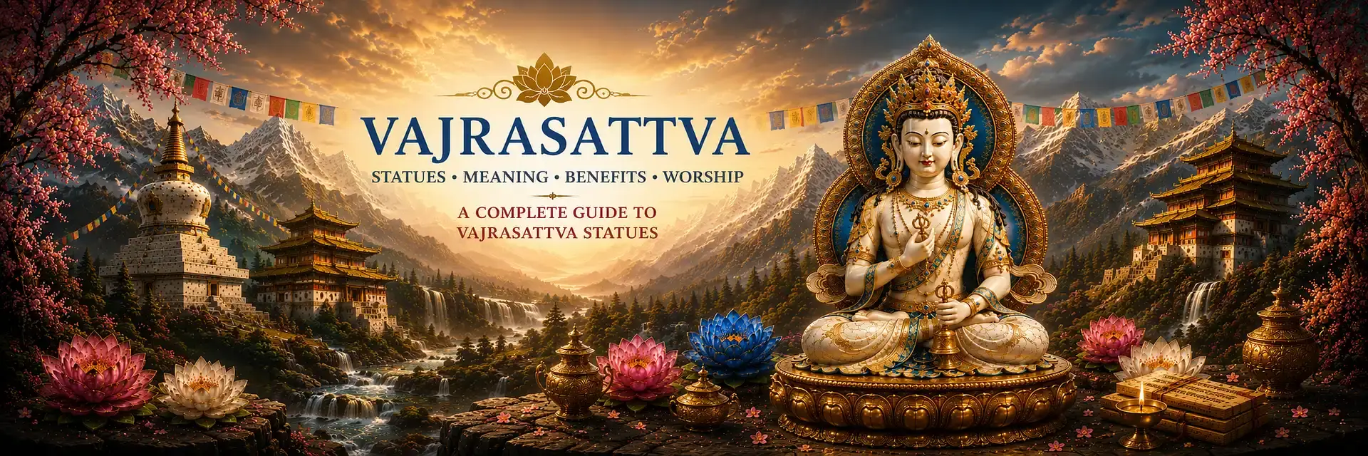 Vajrasattva Buddha with Vajra and Bell in Celestial Pure Land Vajrasattva seated on a lotus throne holding a vajra and bell within a celestial Himalayan thangka landscape filled with temples, waterfalls, and sacred Buddhist imagery