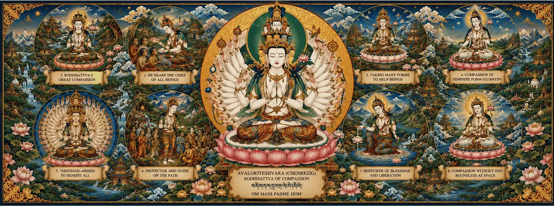 Avalokiteshvara Chenrezig Thangka | Bodhisattva of Compassion Buddhist Art Avalokiteshvara Chenrezig thangka showing the Bodhisattva of Compassion, Om Mani Padme Hum, and symbolic Buddhist imagery