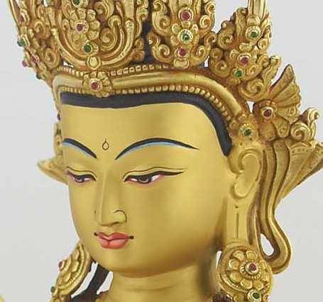 14" Chenrezig Statue, Gold Gilded with Floating Mala, Masterpiece Handcrafted Tibetan Buddhist Chenrezig statue in gold finish