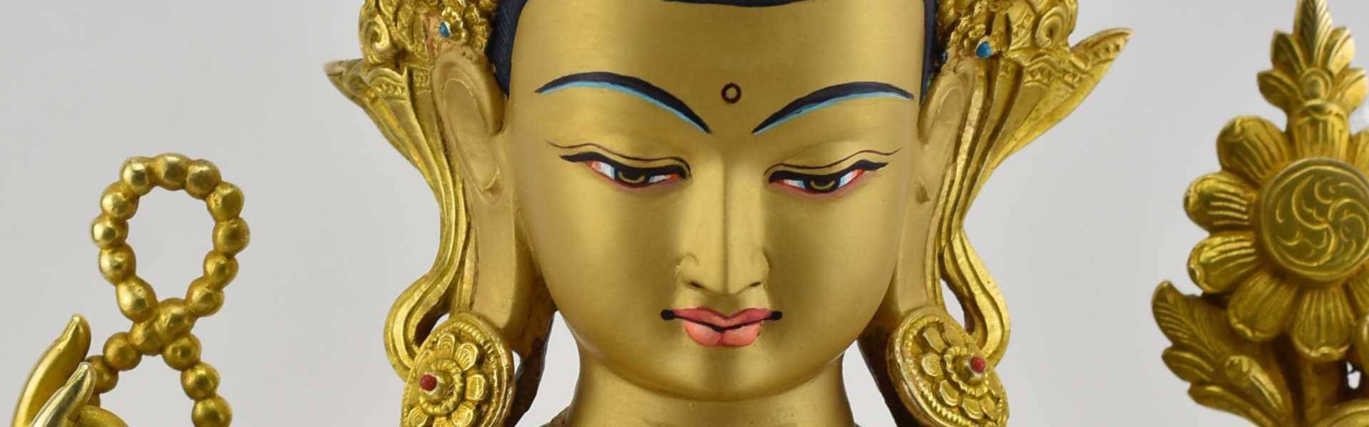 14" Chenrezig Statue | 24K Gold Gilded | Mala Beads | Cintamani Jewel | Authentic Nepal 14" Tibetan Avalokiteshvara (Chenrezig) statue, Fully 24K gold gilded, Mala beads, Cintamani "wish fulfilling Jewel", lost wax cast, handmade in Patan Nepal by traditional Shakya craftsman