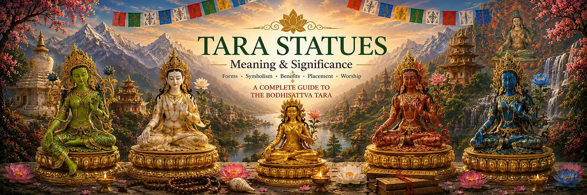 Tara Statues Meaning & Significance – Green Tara, White Tara and the Bodhisattva Tara Green Tara and White Tara statues displayed within a Himalayan Buddhist landscape featuring temples, mountains, lotus flowers, and sacred Tibetan Buddhist symbolism