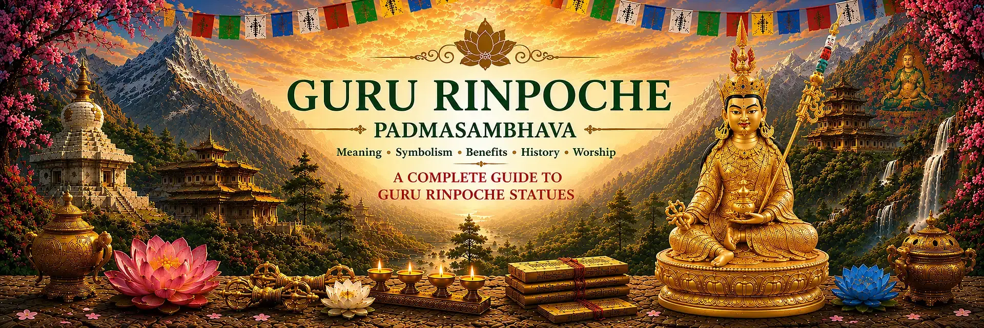 Guru Rinpoche Statues | Padmasambhava Meaning, Symbolism & Benefits Banner image featuring Guru Rinpoche (Padmasambhava) seated on a lotus throne holding a vajra and longevity vase, surrounded by Himalayan temples, waterfalls, prayer flags and sacred Tibetan Buddhist symbolism
