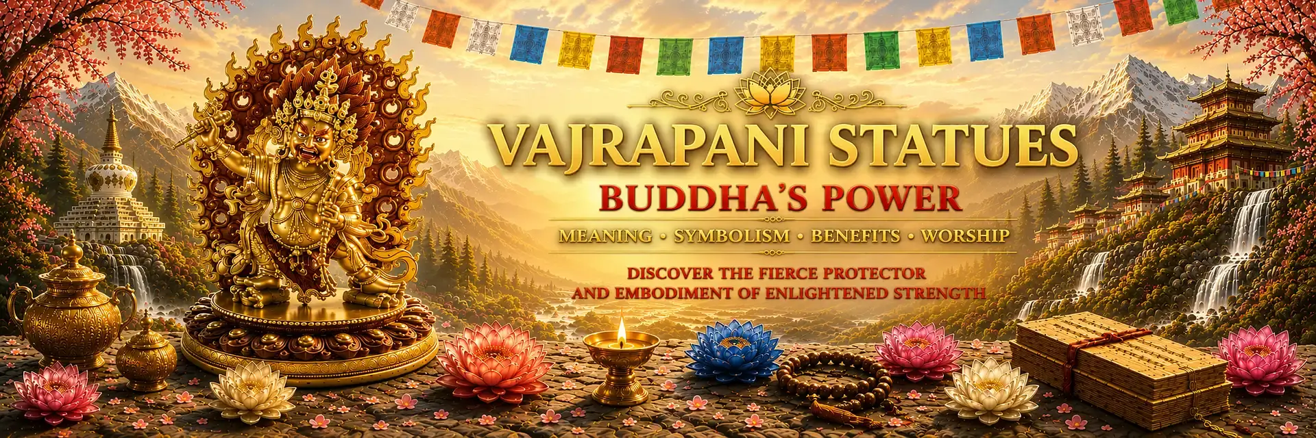 Vajrapani Statues – Buddha's Power and Protector of Enlightened Strength Golden Vajrapani statue displayed in a Himalayan landscape with Buddhist temples, prayer flags, lotus flowers, and the title "Vajrapani Statues – Buddha's Power," representing the fierce protector and embodiment of enlightened strength in Tibetan Buddhism.