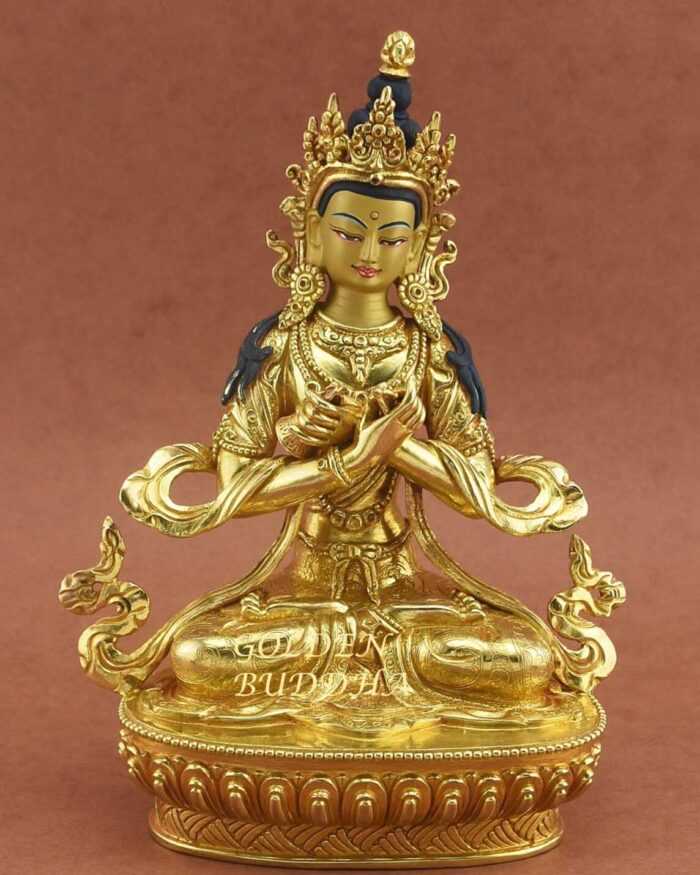 Fully Gold Gilded 9" Vajradhara Buddha Statue, Dorje Chang, Beautiful Hand Carved Details - Gallery