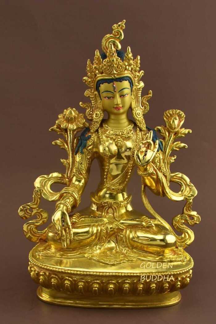 Fully Gold Gilded 9" White Tara Statue, Fire Gilded 24K Gold Finish, Handmade - Gallery
