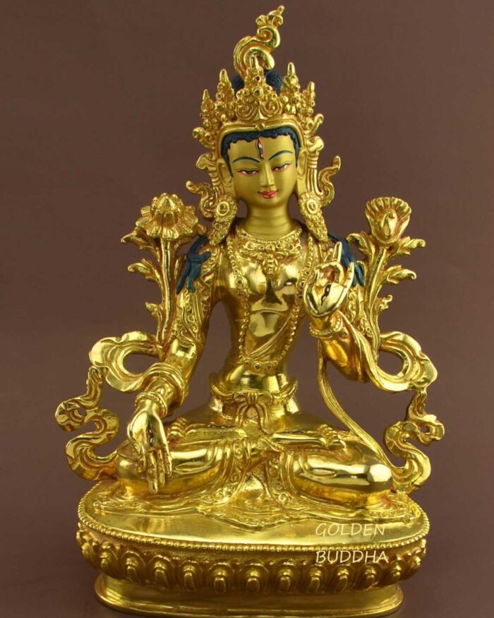Fully Gold Gilded 9" White Tara Statue, Fire Gilded 24K Gold Finish, Handmade - Gallery