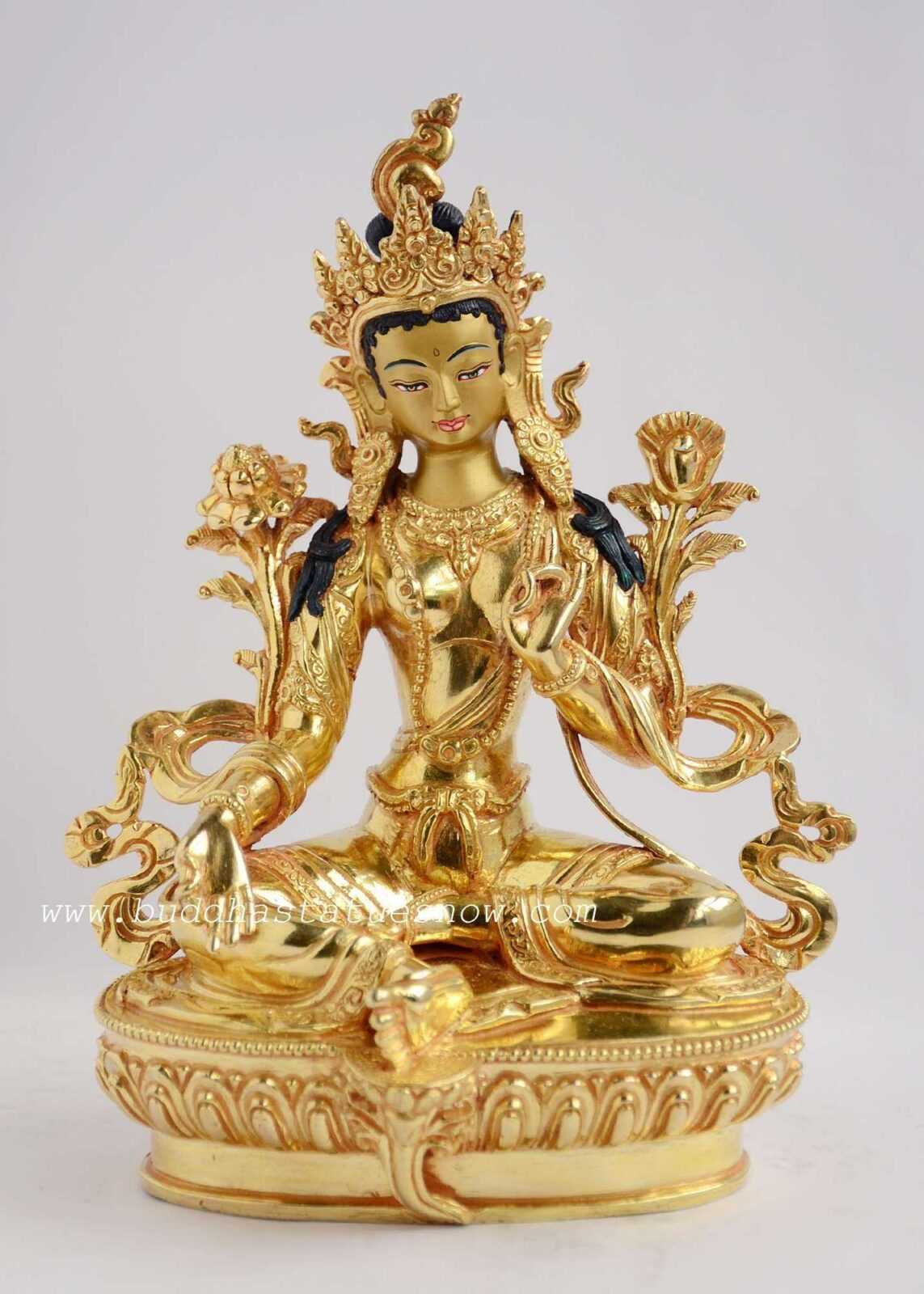 Fully Gold Gilded 8.75" Green Tara Bodhisattva Statue - Front
