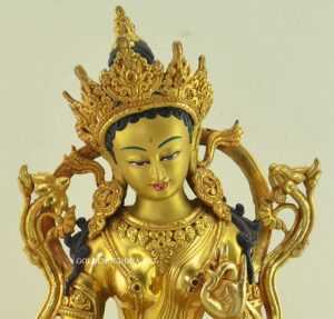 Fully Gold Gilded 15" Green Tara Statue, Double Lotus Pedestal - Face Details