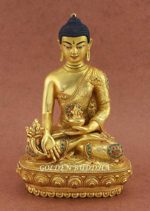 Fully Gold Plated 7.75" Medicine Buddha Sculpture, Adorned w/Colored Stones - Gallery