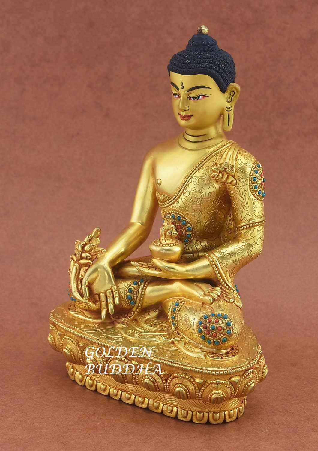 Fully Gold Plated 7.75" Medicine Buddha Sculpture, Adorned w/Colored Stones - Left