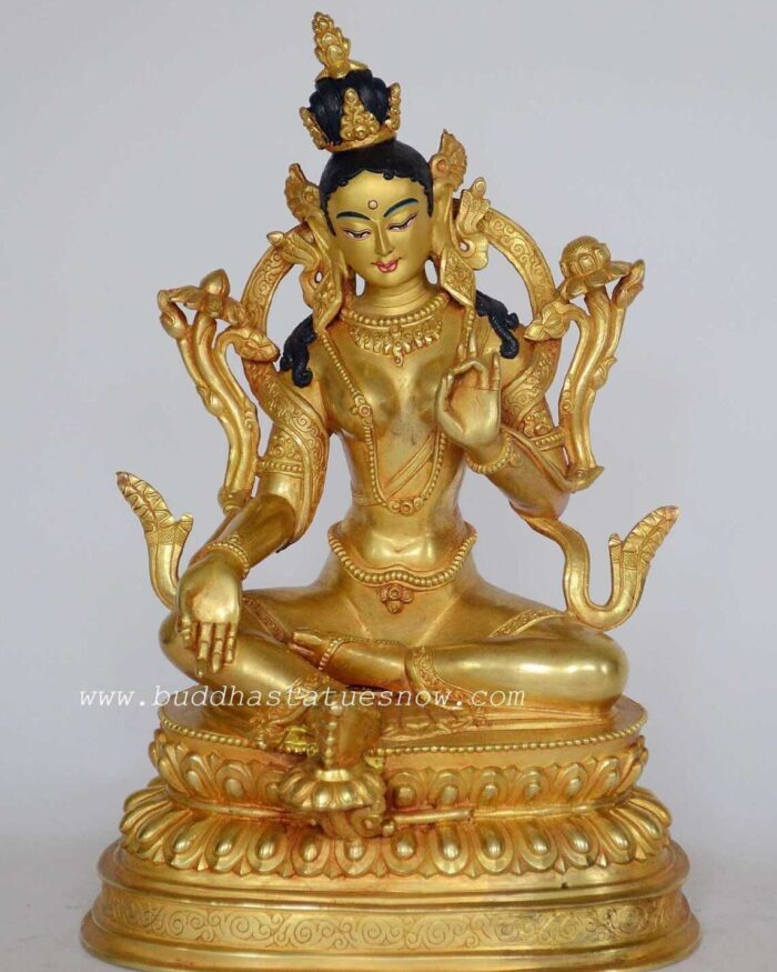 Fully Gold Gilded 9.25" Green Tara Statue - Front