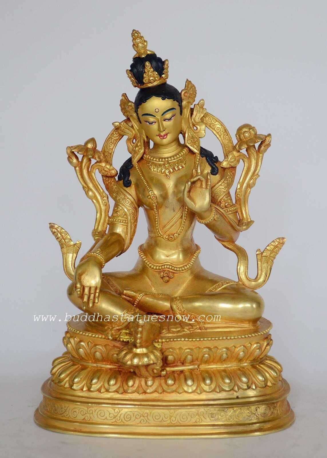 Fully Gold Gilded 9.25" Green Tara Statue - Front