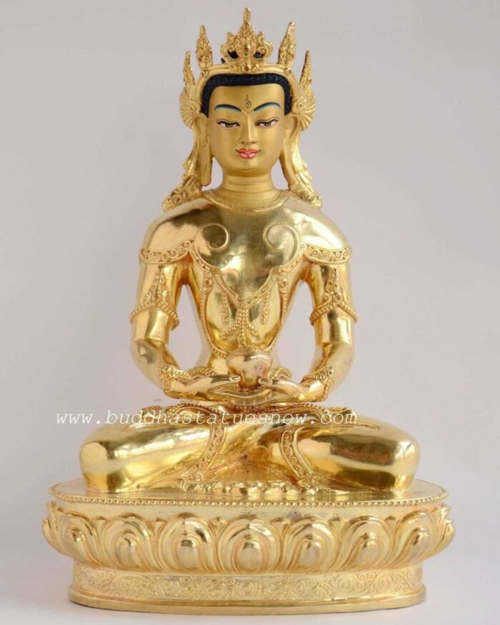 Fully Gold Gilded 10" Crowned Amitabha Buddha Statue - Front