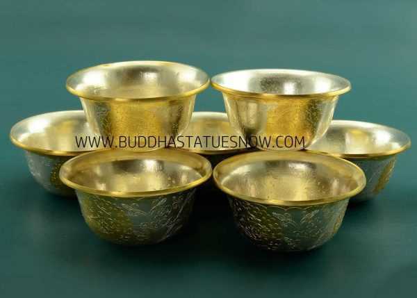 3.5" Set of Seven Offering Bowls, Fully Gold Silver Plated, Fine Hand Carvings - Gallery