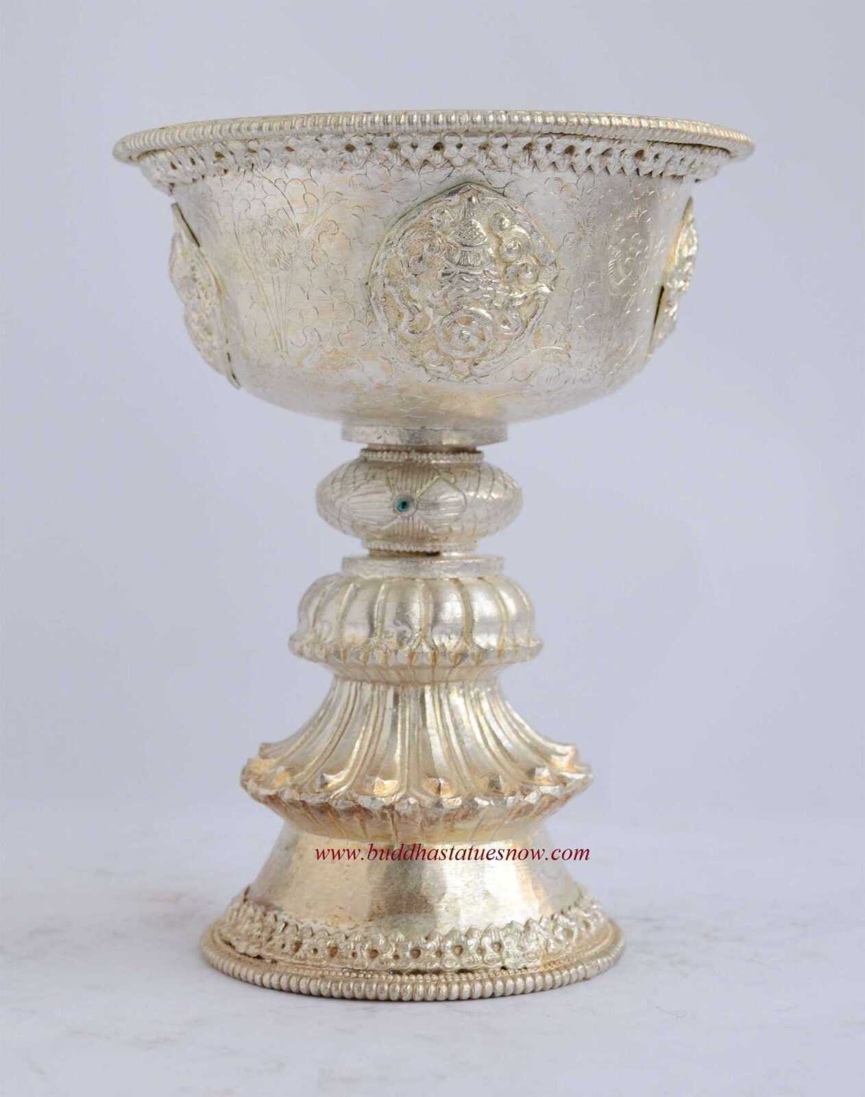 Tibetan Butter Lamp 6.5" (Copper Alloy, Silver Plated)