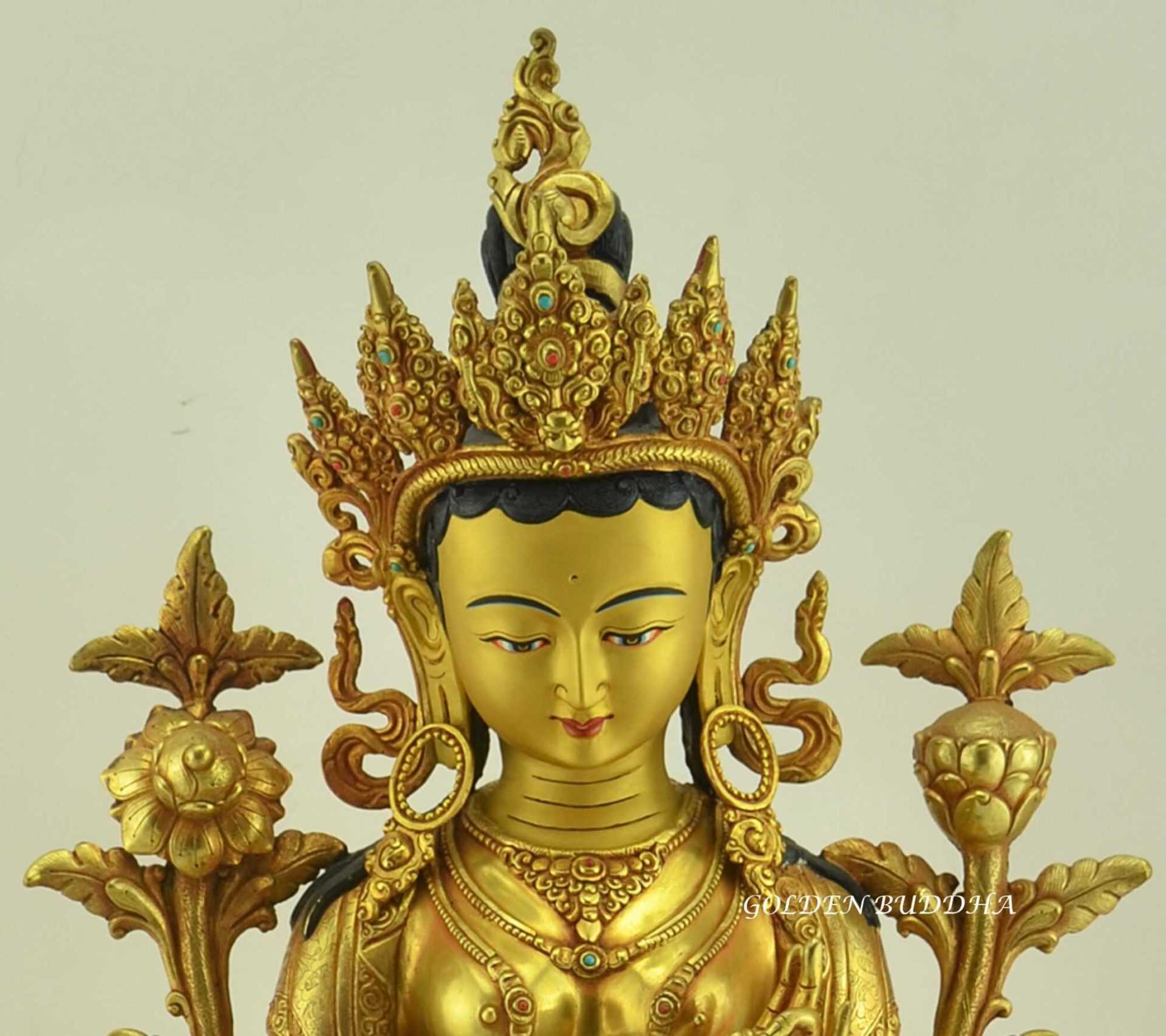 Fully Gold Gilded 19.5" Green Tara Statue, Hand Face Painted - Face Details