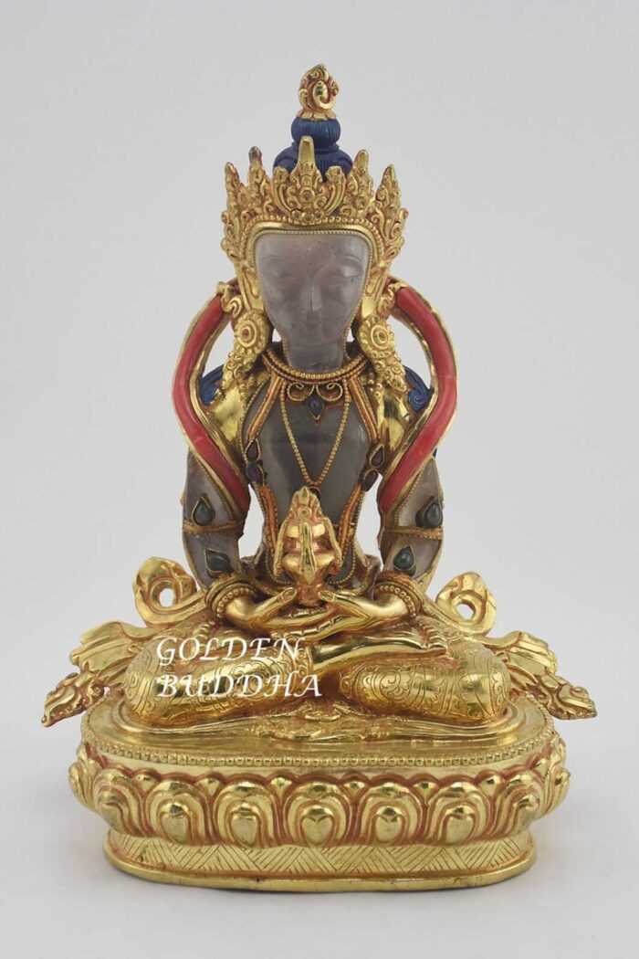 Gold Gilded 8.75" Tibetan Aparmita Statue, Crystal Body, Semi-Precious Stones, 24K Gold Finish - Front