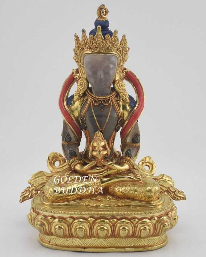 Gold Gilded 8.75" Tibetan Aparmita Statue, Crystal Body, Semi-Precious Stones, 24K Gold Finish - Front