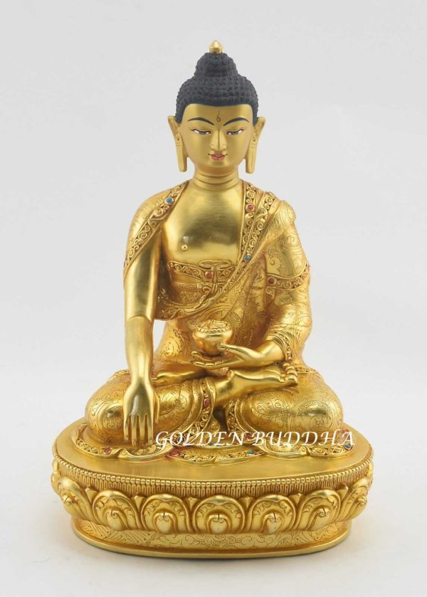 Fully Gold Gilded 9" Shakyamuni Statue, Handmade, Embedded Turquoise & Coral Stones - Gallery