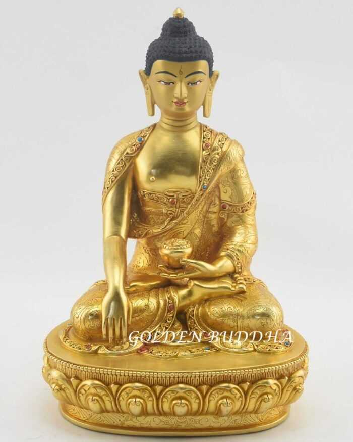 Fully Gold Gilded 9" Shakyamuni Statue, Handmade, Embedded Turquoise & Coral Stones - Gallery