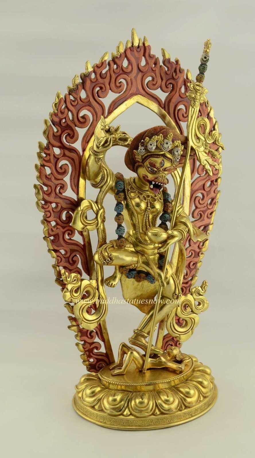 Fully Gold Gilded 15.5" Simha Mukhi Jogini Dakini Statue - Right