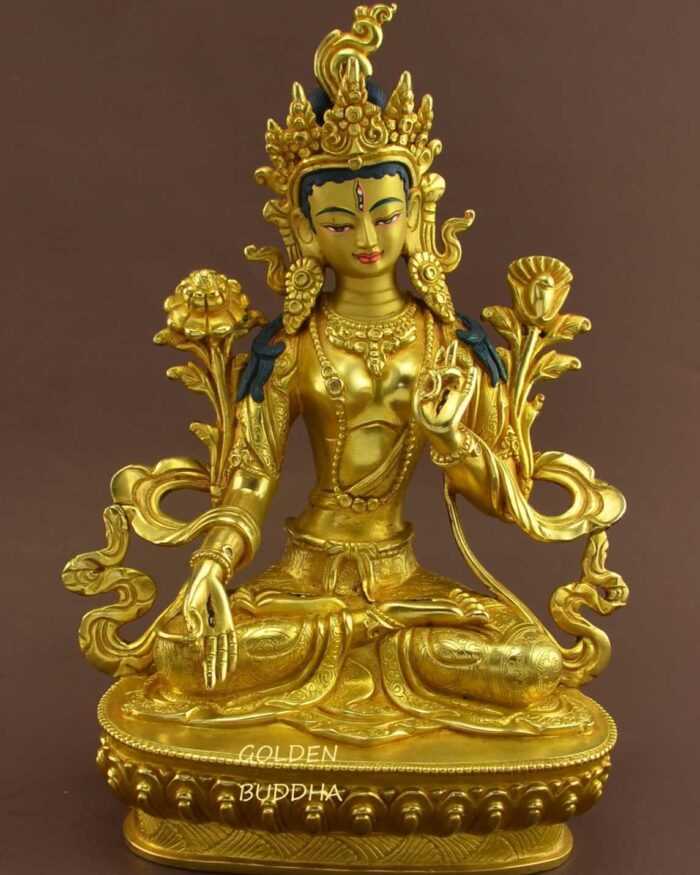 Fully Gold Gilded 9" Beautiful Dolkar Statue, Fine Detailed Engravings, Fire Gilded - Gallery