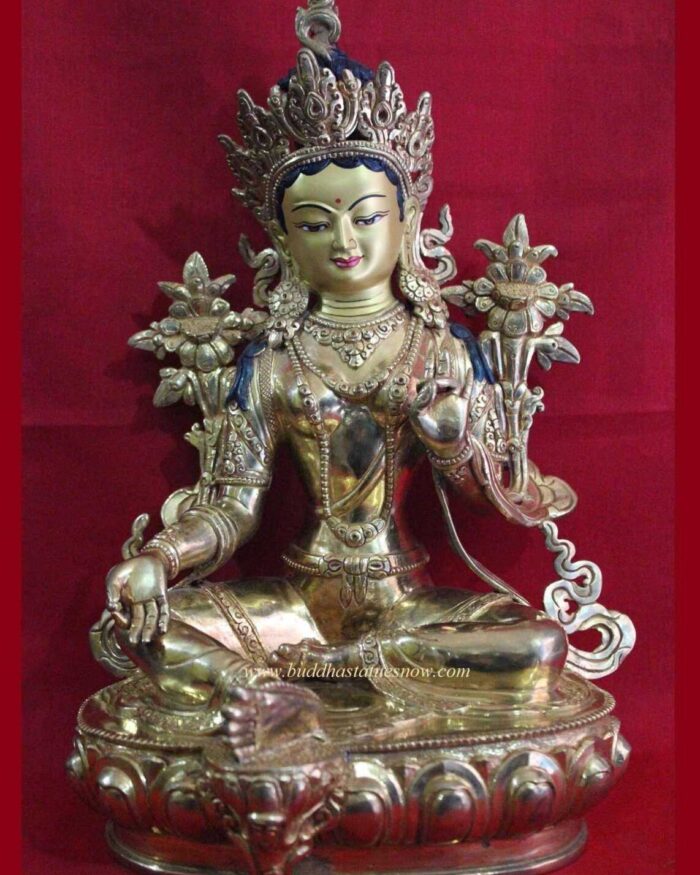 Fully Gold Gilded 8" Jetsun Dolma Sculpture, Hand Face Painted - Front