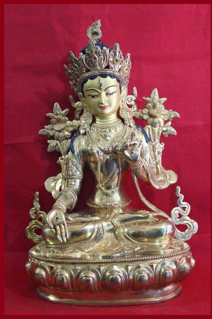 Fully Gold Gilded 12" White Tara Statue (Antique Finish) - Front