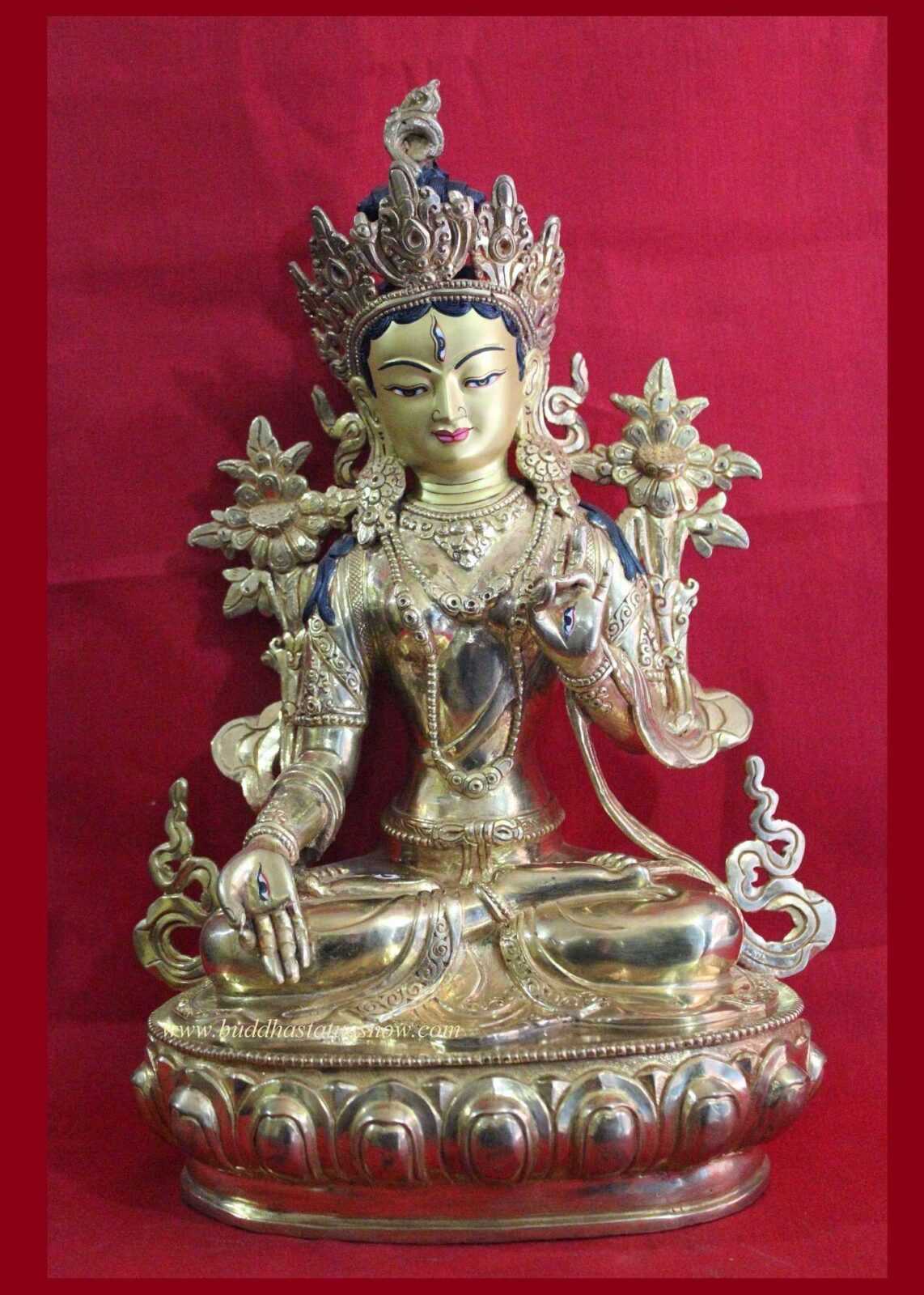 Fully Gold Gilded 12" White Tara Statue (Antique Finish) - Front