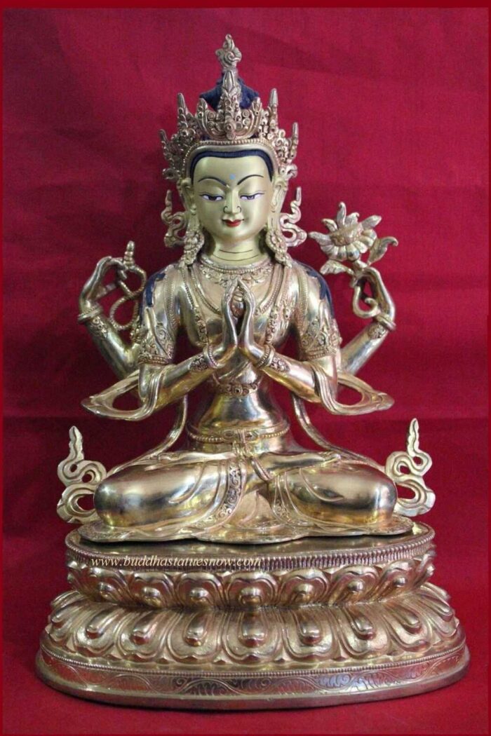 Fully Gold Gilded 12" Chenrezig Statue (Antique Finish) - Front