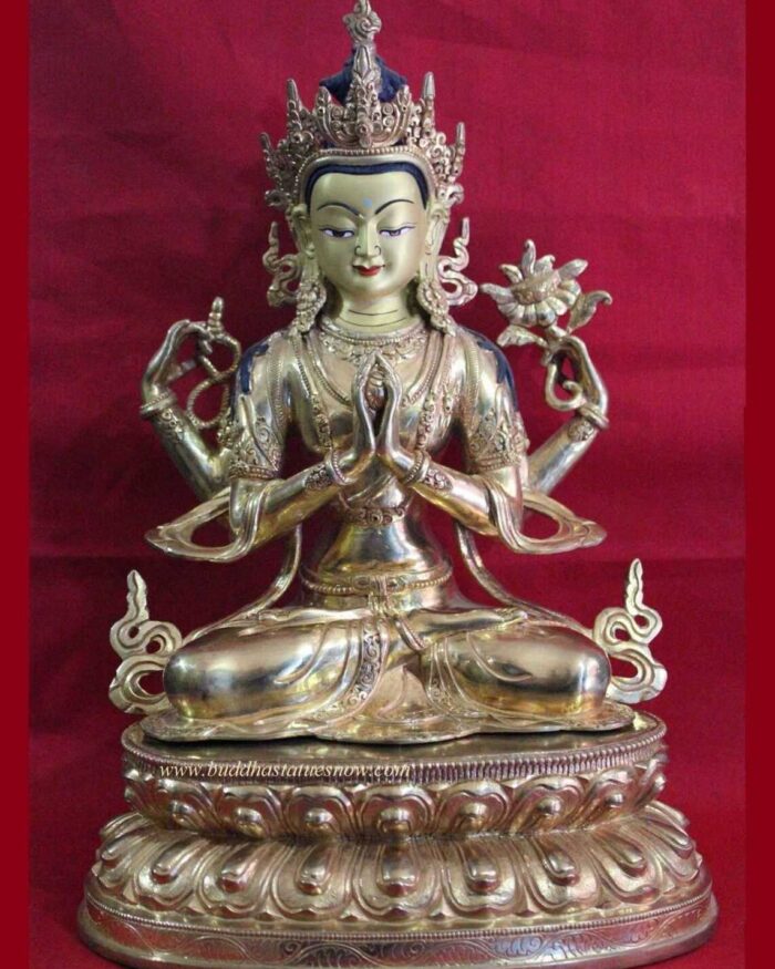 Fully Gold Gilded 12" Chenrezig Statue (Antique Finish) - Front