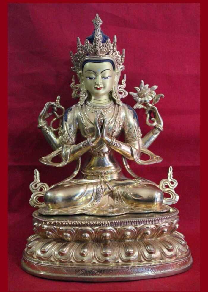 Fully Gold Gilded 12" Chenrezig Statue (Antique Finish) - Front