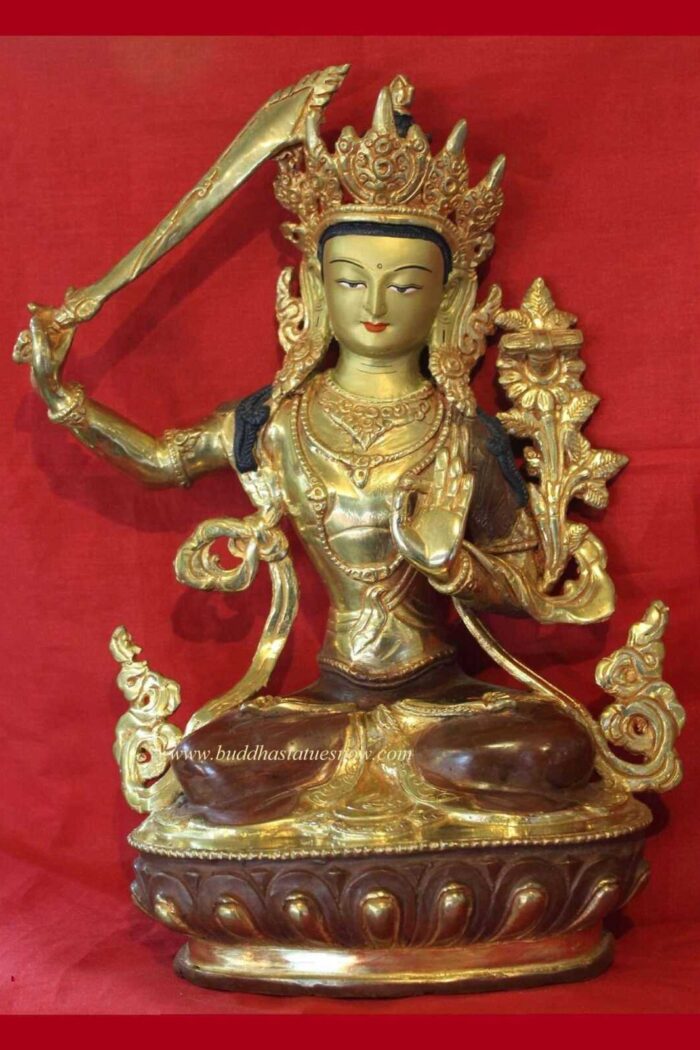 Partly Gold Gilded 8" Manjushri Statue (Antique Finish) - Front
