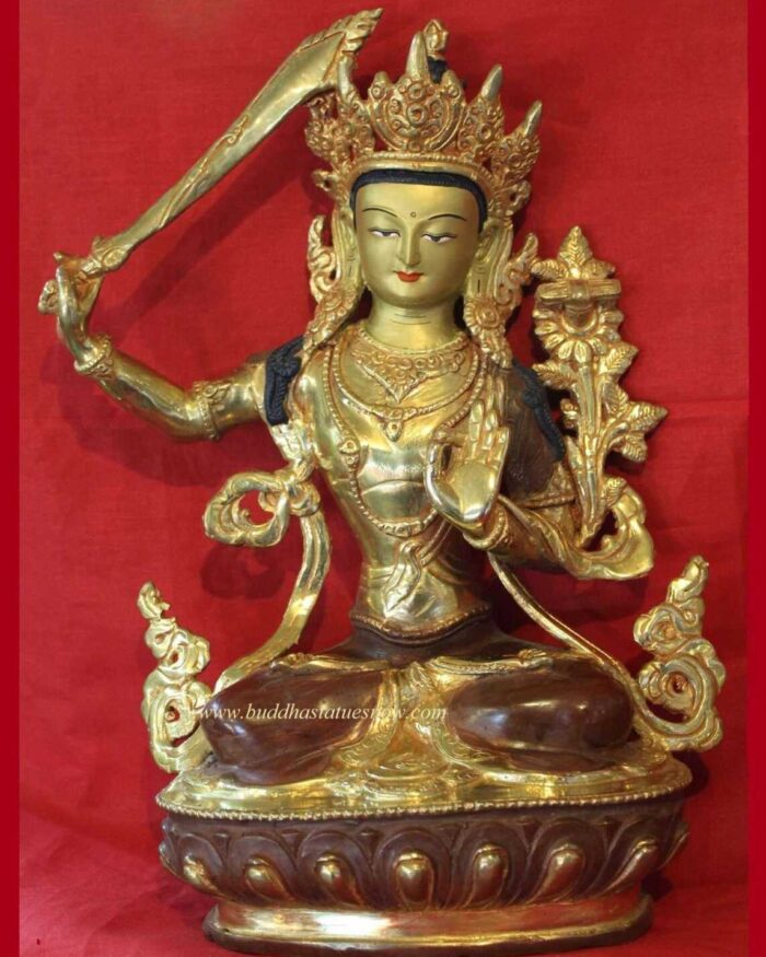 Partly Gold Gilded 8" Manjushri Statue (Antique Finish) - Front