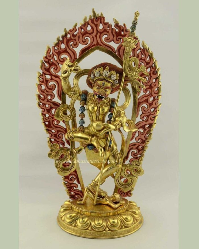 Fully Gold Gilded 15.5" Simha Mukhi Jogini Dakini Statue - Front