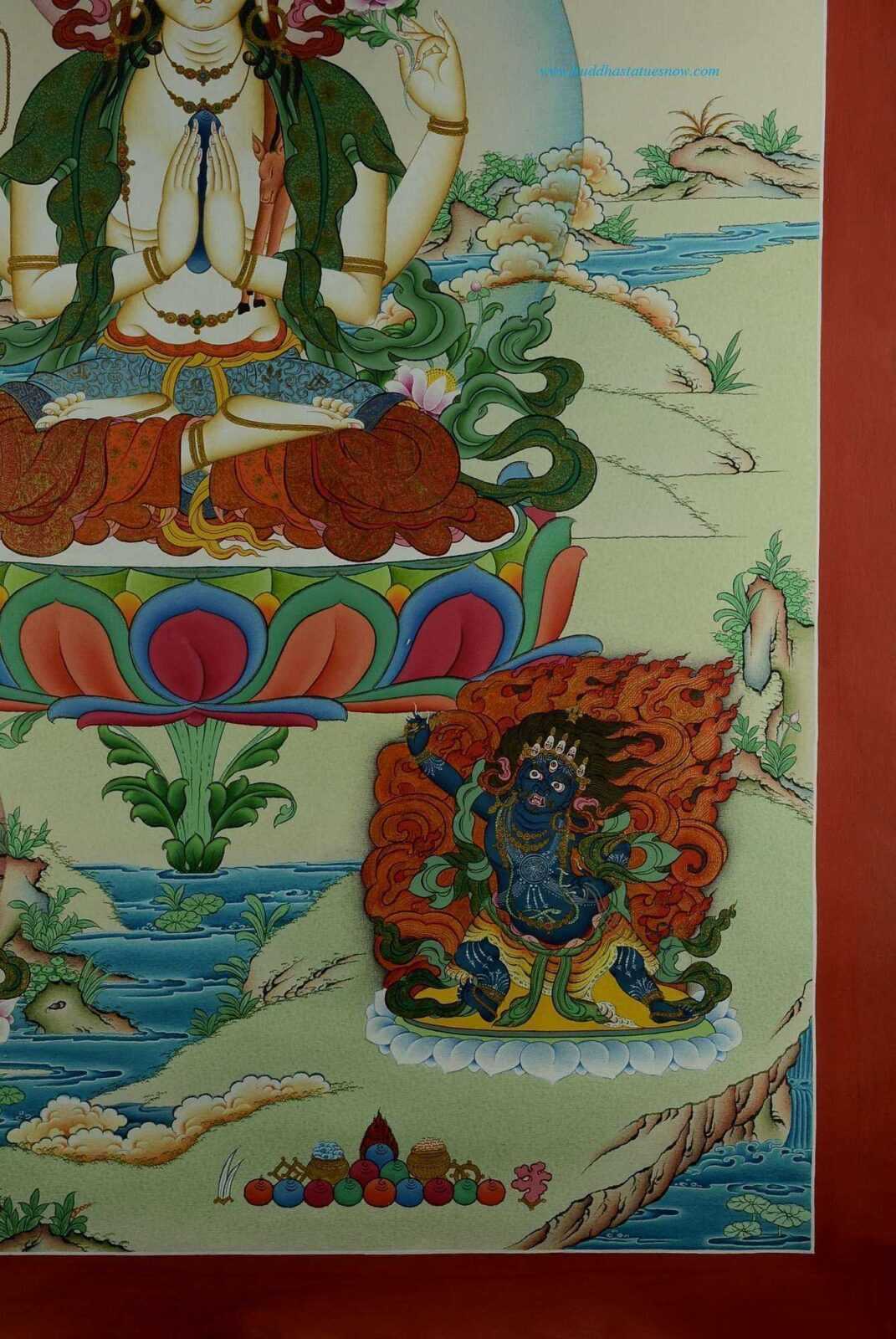 Chenrezig Tibetan Thangka Hand Painted 24k Gold Detailing 33" x 22.5" - Bottom Right