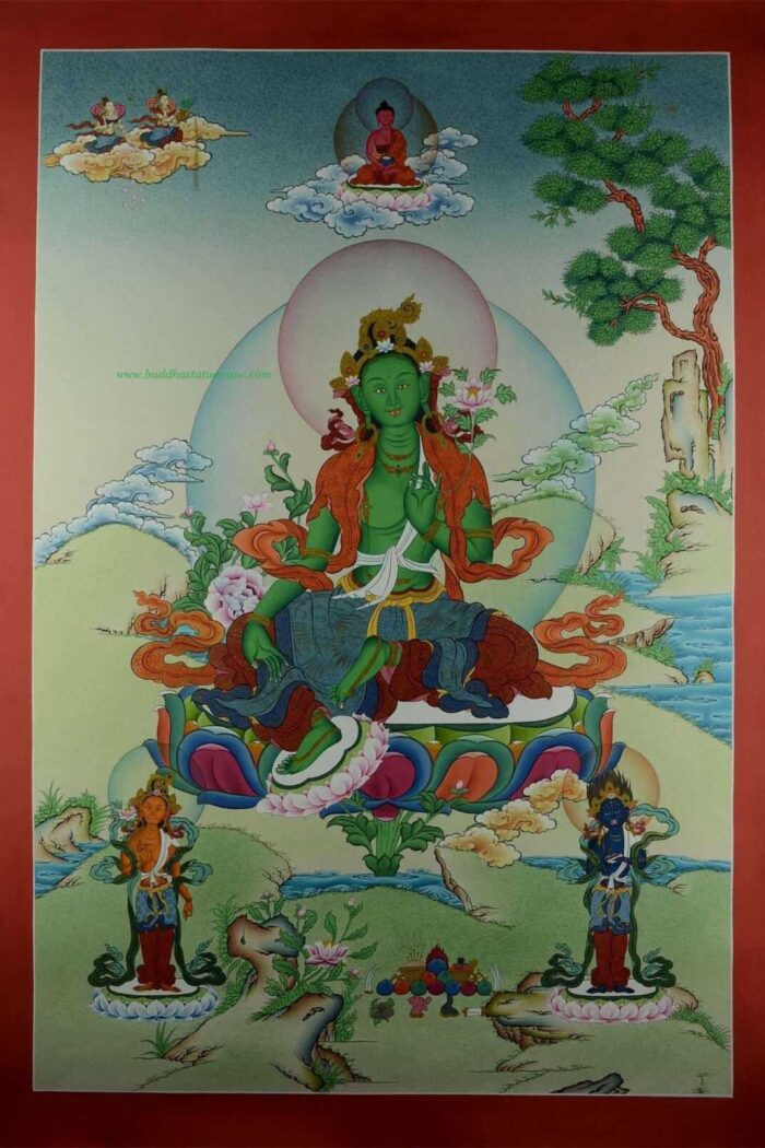 Green Tara Tibetan Thangka Hand Painted 24k Gold Detailing 33" x 23" - Full Front