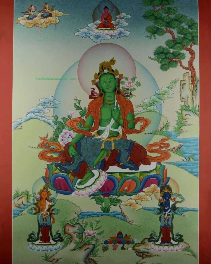 Green Tara Tibetan Thangka Hand Painted 24k Gold Detailing 33" x 23" - Full Front