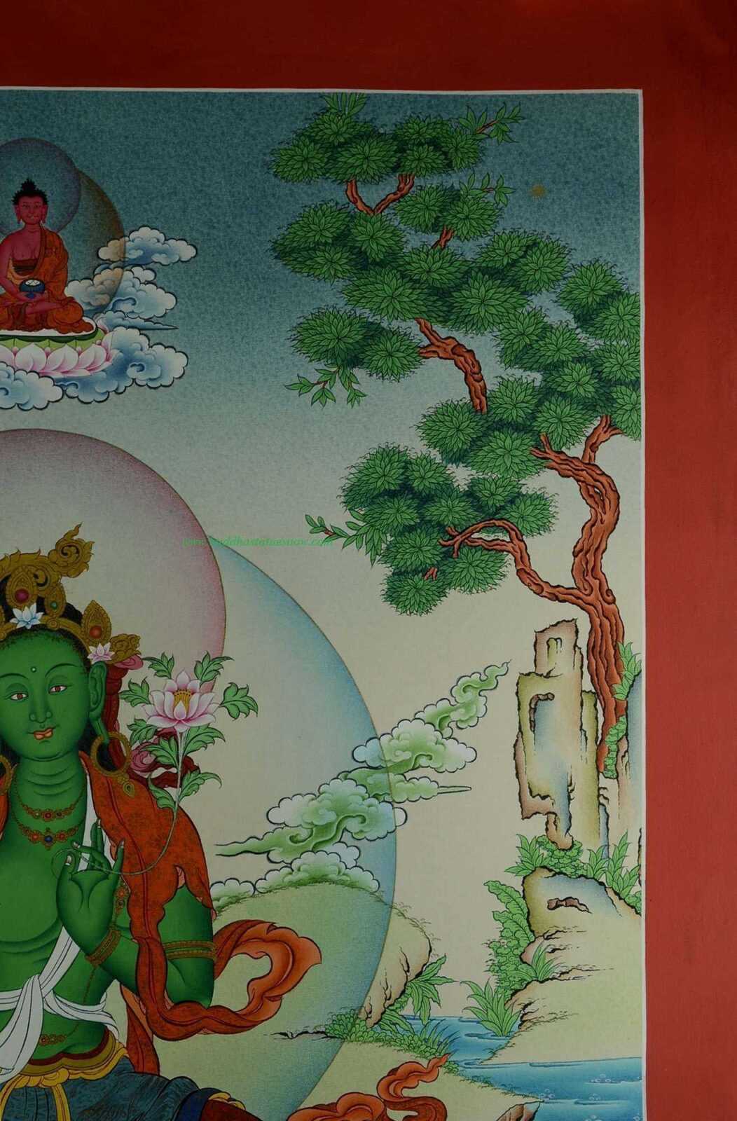 Green Tara Tibetan Thangka Hand Painted 24k Gold Detailing 33" x 23" - Top Right