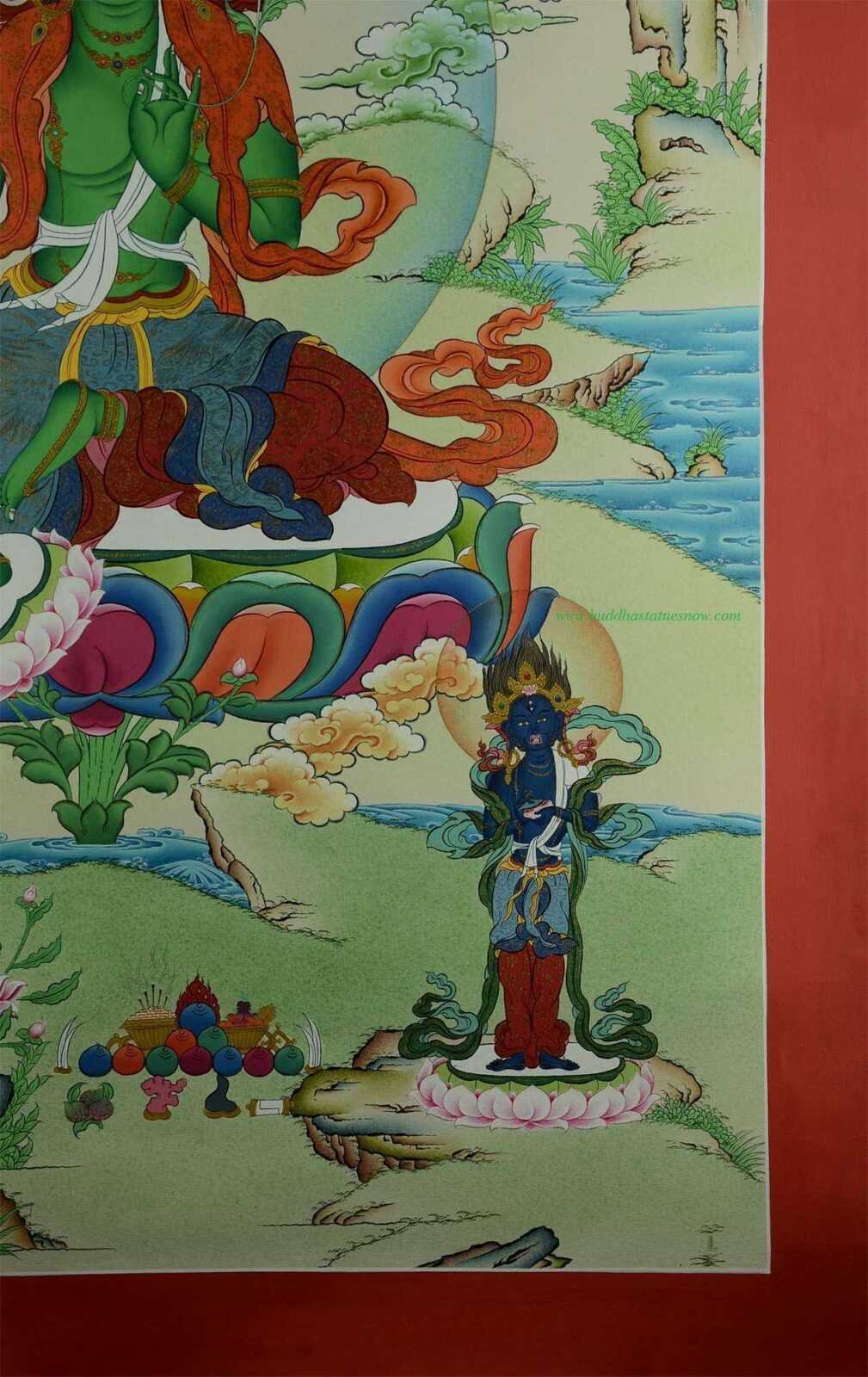 Green Tara Tibetan Thangka Hand Painted 24k Gold Detailing 33" x 23" - Bottom Right