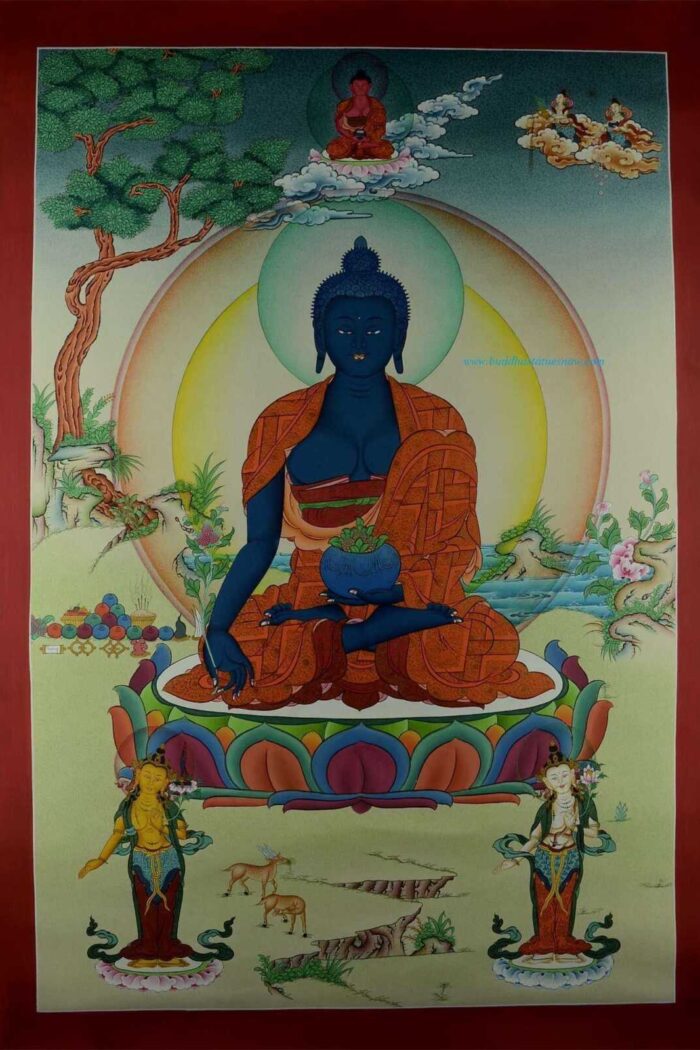 Medicine Buddha Tibetan Thangka Hand Painted 24k Gold Detail 32.5" x 22.5" - Front
