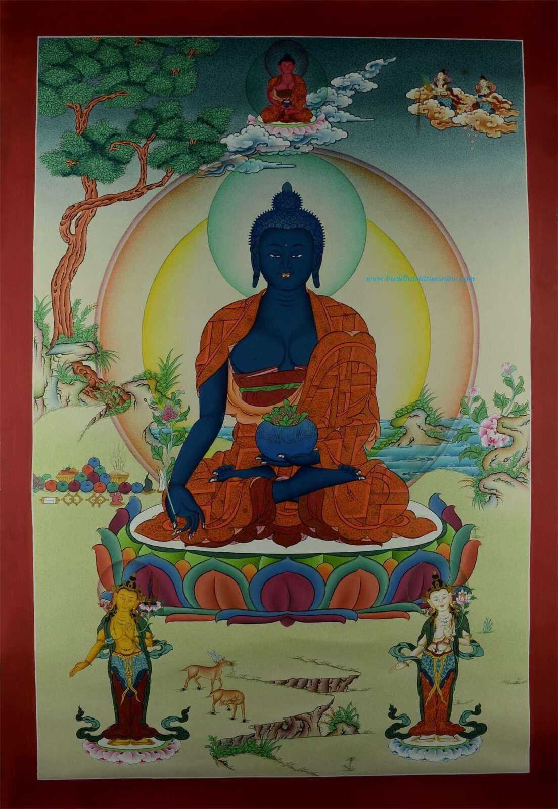 Medicine Buddha Tibetan Thangka Hand Painted 24k Gold Detail 32.5" x 22.5" - Front