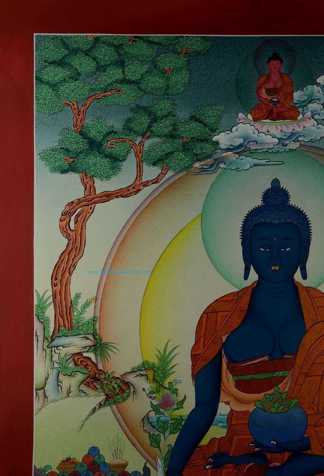 Medicine Buddha Tibetan Thangka Hand Painted 24k Gold Detail 32.5" x 22.5" - Top Left